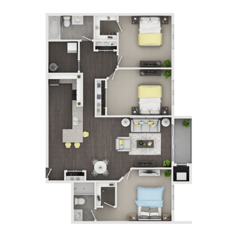 Floor plan for 3 beds, 2 baths, 1435 sqft